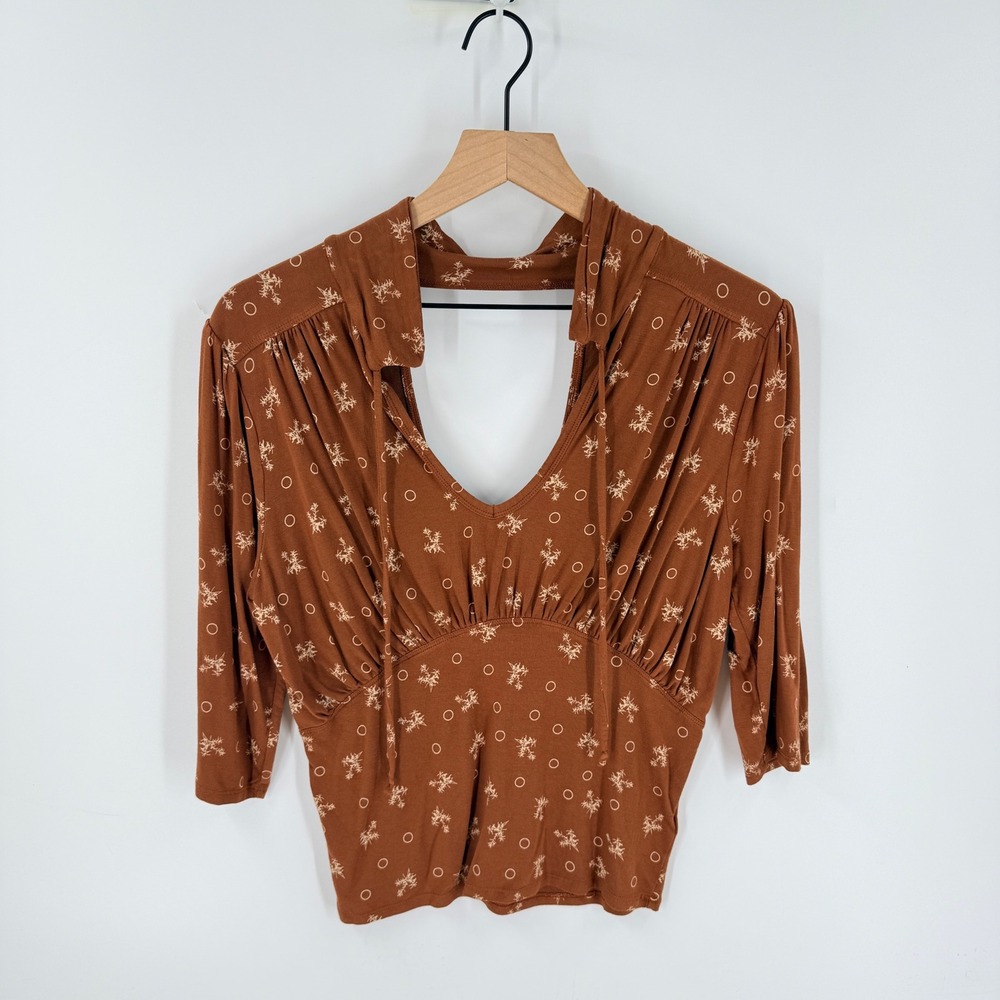 Free People V-Neck Top Brown Floral Small Boho Peasant Long Sleeve Rayon Stretch